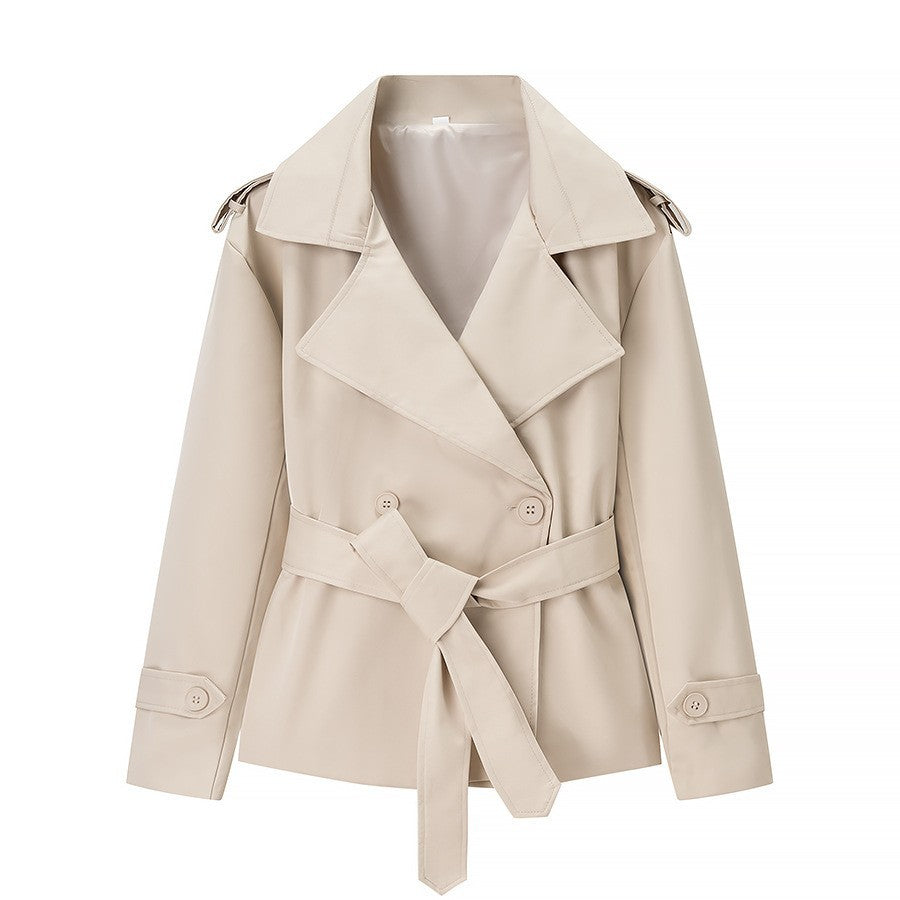 Damen nan kurzer taillierter Trenchcoat mit Bindegürtel, großem Revers und Manschettenriegel R&B
