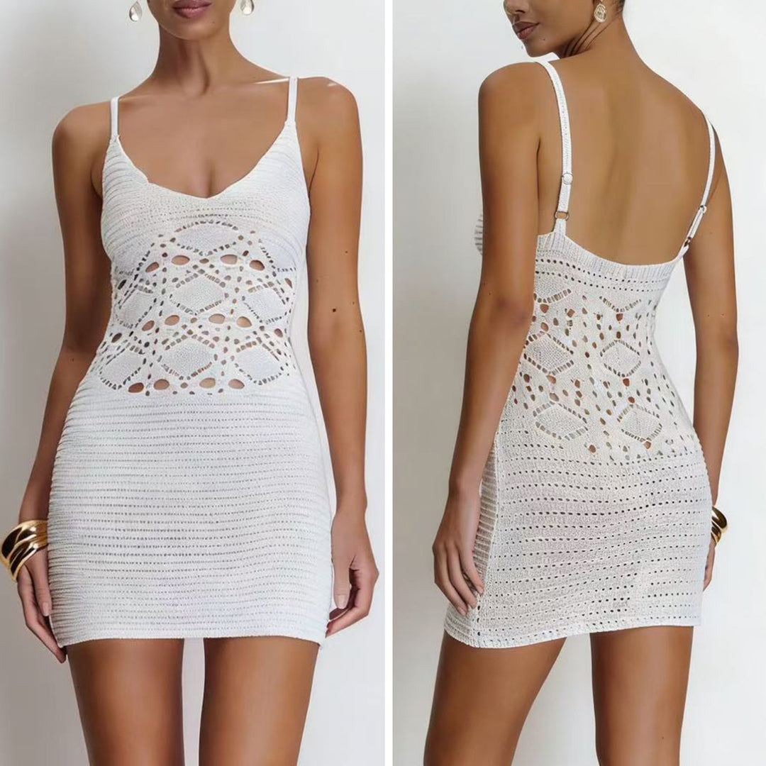 Damen Häkel-Strandkleid mit tiefem V-Ausschnitt und raffiniertem Netzdesign R&B