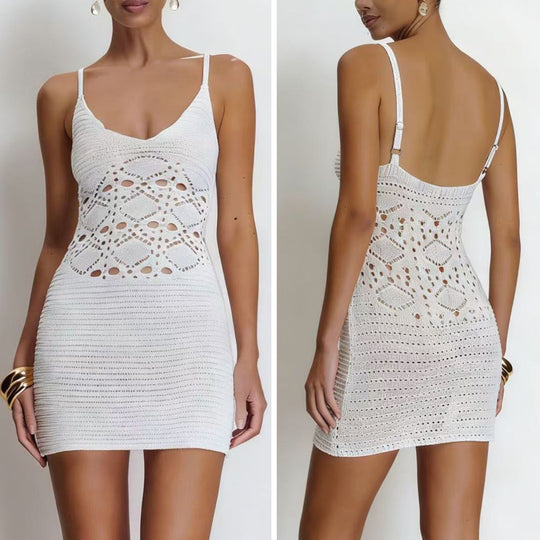 Damen Häkel-Strandkleid mit tiefem V-Ausschnitt und raffiniertem Netzdesign R&B