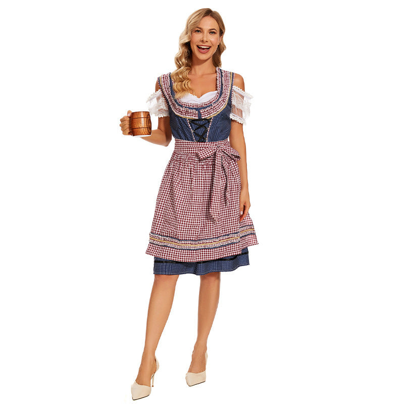 Damen nan traditionelles Trachtenkleid mit Schnürmieder, Spitzenärmeln und karierter Schürze R&B