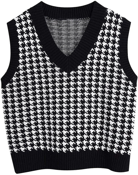 Damen ärmellose Strickweste mit modernem Hahnentrittmuster R&B