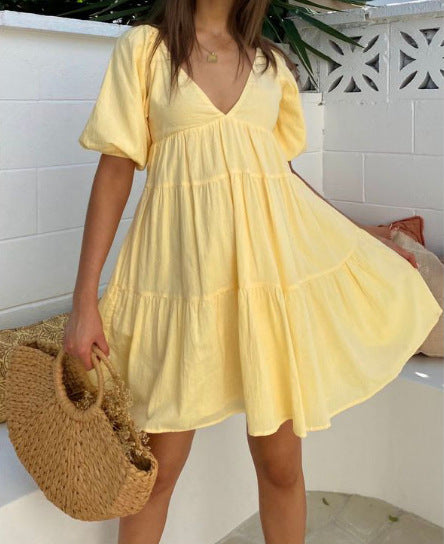 Damen luftiges Maxikleid mit voluminösen Ärmeln und schmeichelndem V-Ausschnitt R&B