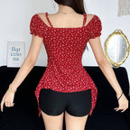 Damen Off-Shoulder-Oberteil mit süßem Blumenmuster und Raffung R&B