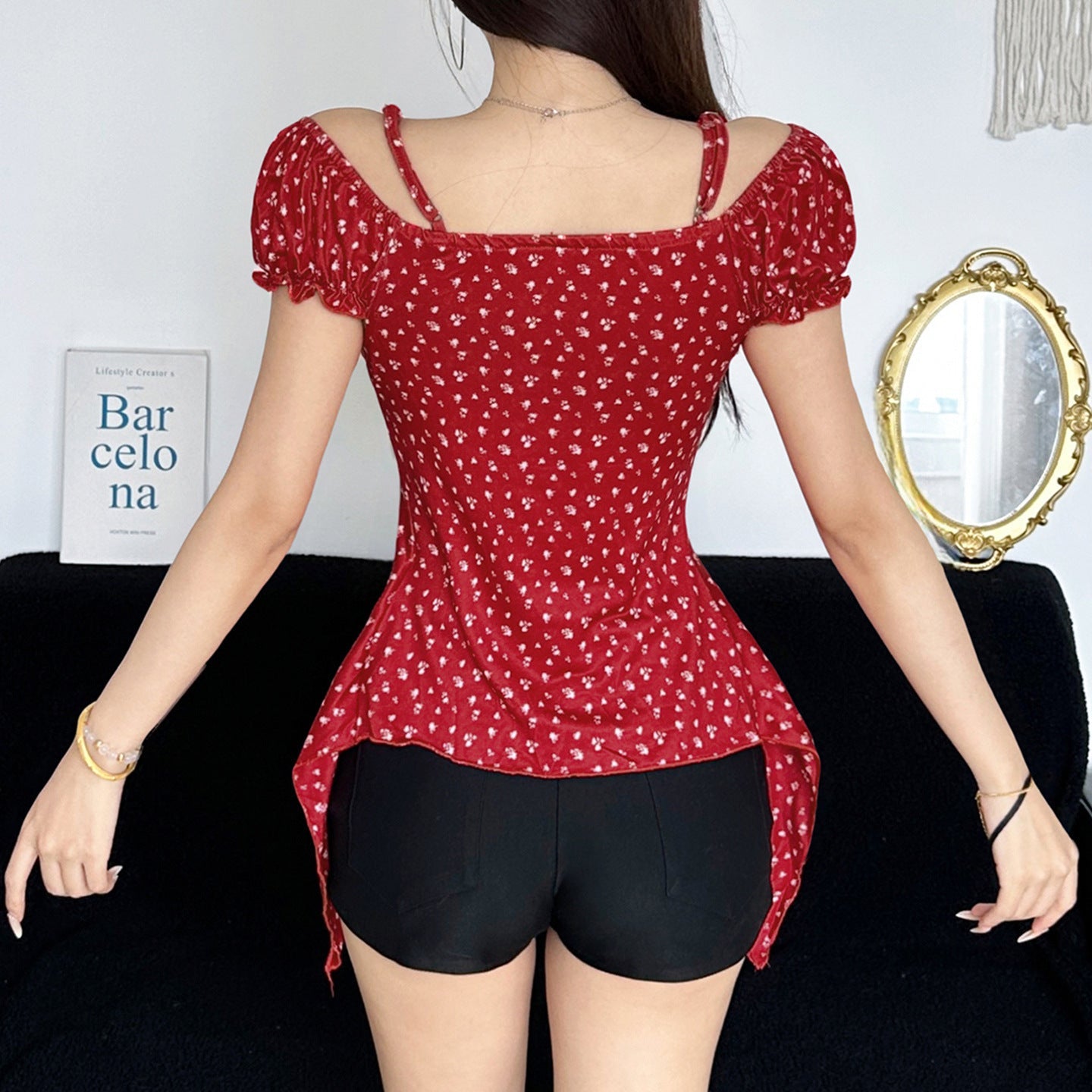 Damen Off-Shoulder-Oberteil mit süßem Blumenmuster und Raffung R&B