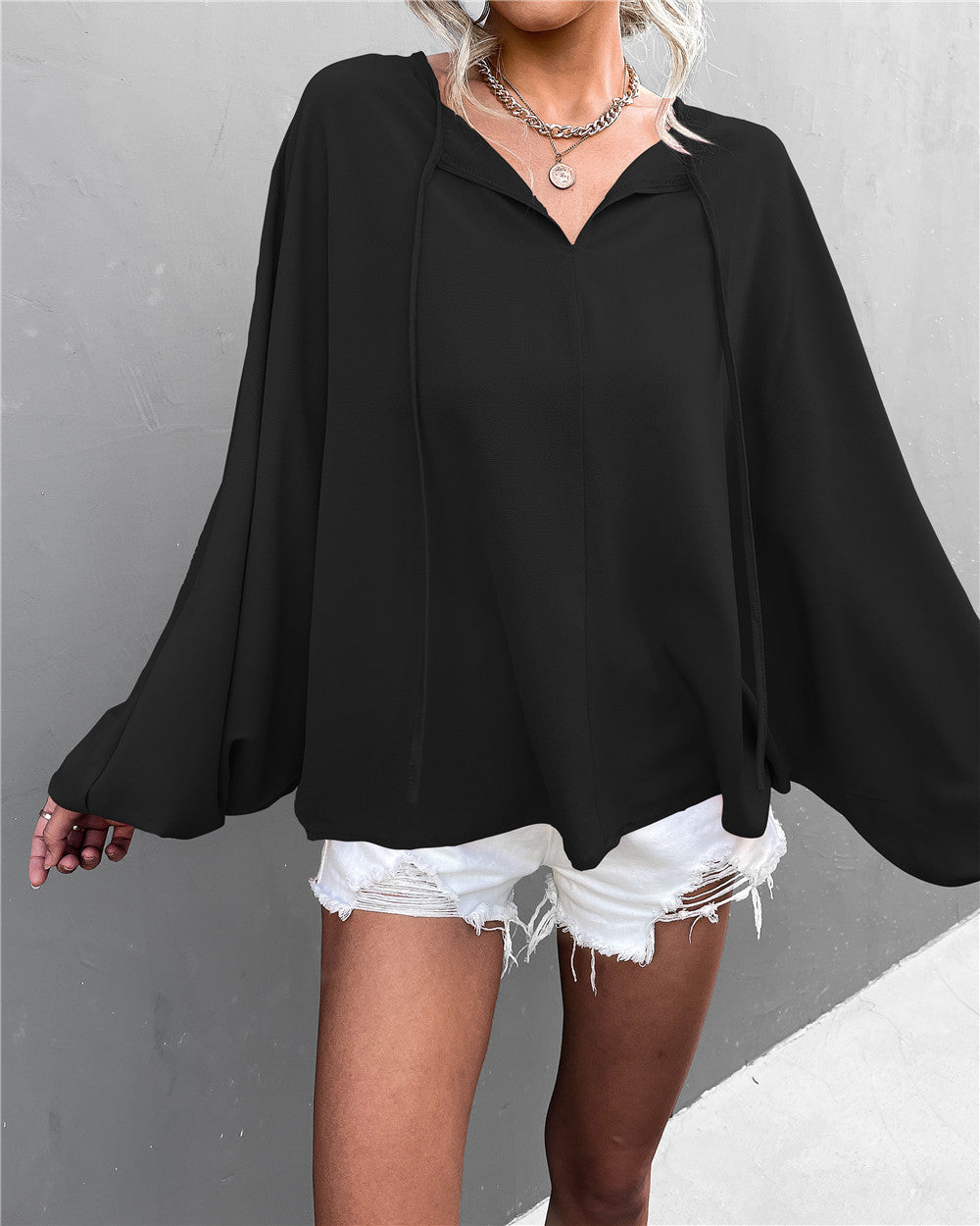 Damen luftiges Blusenshirt mit weiten Ärmeln und modischem Schleifendetail R&B