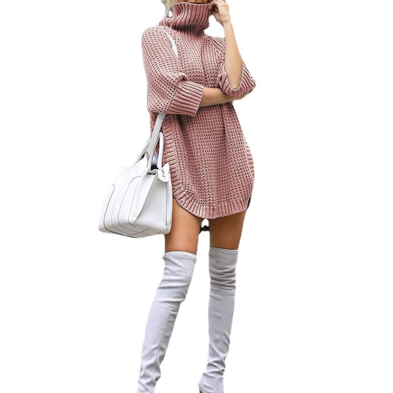 Damen Strickkleid mit hohem Kragen und modischem Oversized-Schnitt R&B