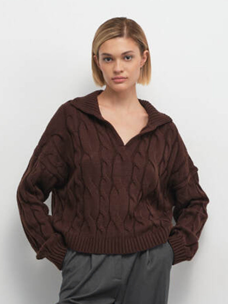 Damen Hoher Kragen Strickpullover mit Zopfmuster R&B