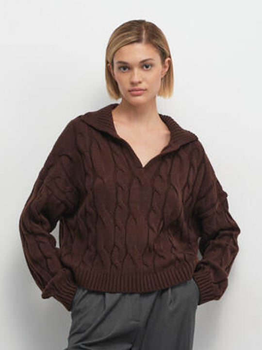 Damen Hoher Kragen Strickpullover mit Zopfmuster R&B