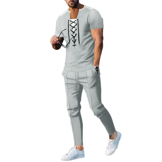 Herren modisches Kurzarm-Henley-T-Shirt mit strukturiertem Design und dekorativer Schnürung R&B