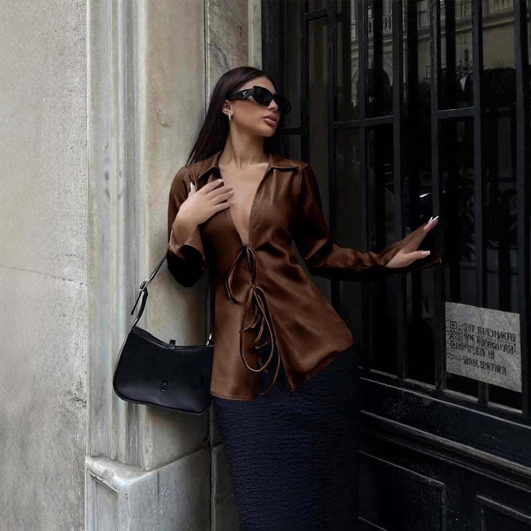Damen elegante Bluse mit Schnürung und weitem Ärmel R&B