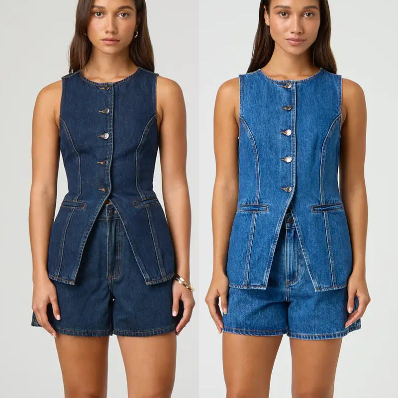 Damen Jeansweste mit tailliertem Schnitt und praktischen Taschen R&B
