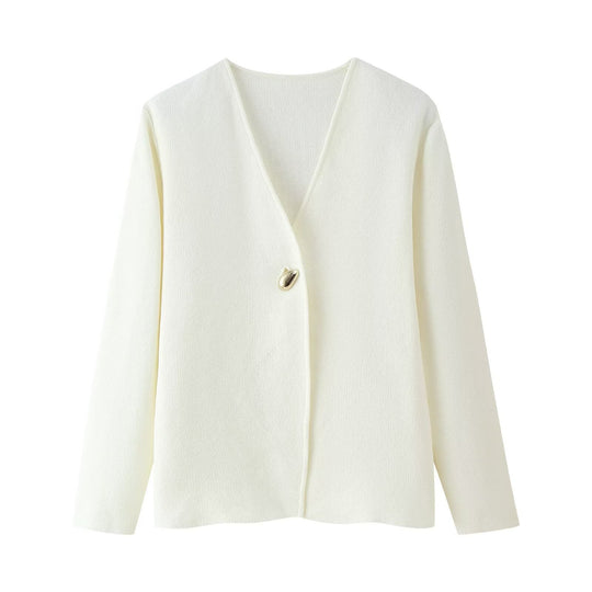 Damen elegante Jacke mit V-Ausschnitt und klassischem Knopf R&B