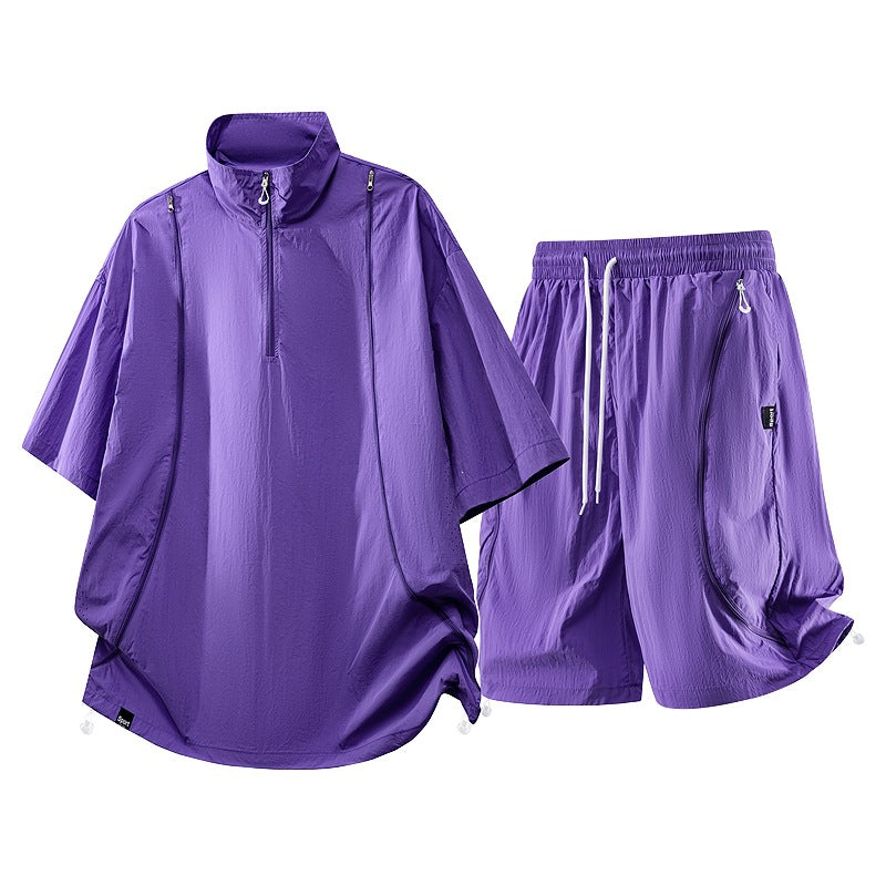 Herren nan oversized sportliches Freizeit-Set mit Halbzip, Stehkragen und elastischen Cargo-Shorts R&B