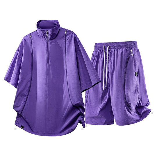 Herren nan oversized sportliches Freizeit-Set mit Halbzip, Stehkragen und elastischen Cargo-Shorts R&B