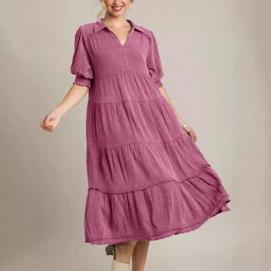 Damen lässiges Maxikleid mit V-Ausschnitt und volumetrischen Ärmeln R&B