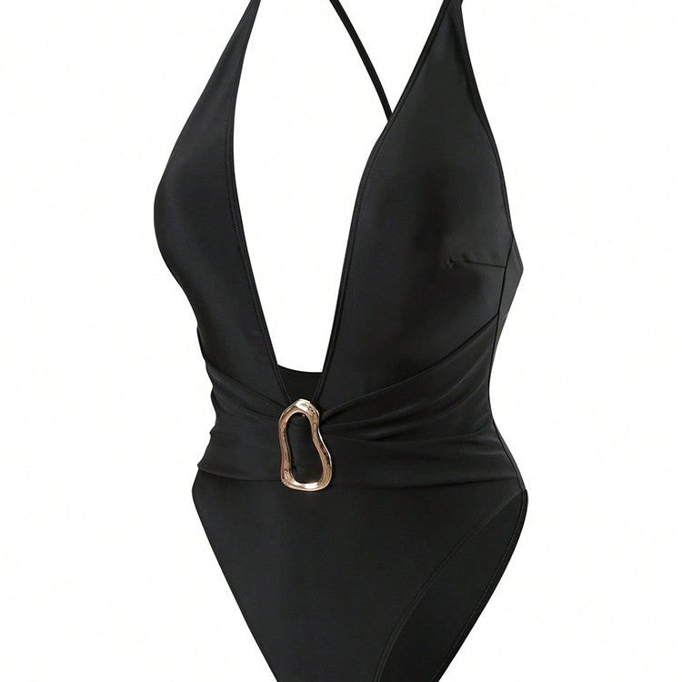 Damen Einteiler Badeanzug mit tiefem V-Ausschnitt und elegantem Gürtel R&B