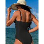 Damen Einteiler Badeanzug mit modischem V-Ausschnitt und romantischem Ringdetail R&B