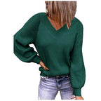 Damen Strickpullover mit V-Ausschnitt und voluminösen Ärmeln