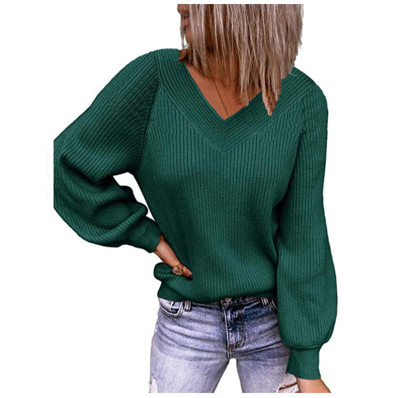 Damen Strickpullover mit V-Ausschnitt und voluminösen Ärmeln