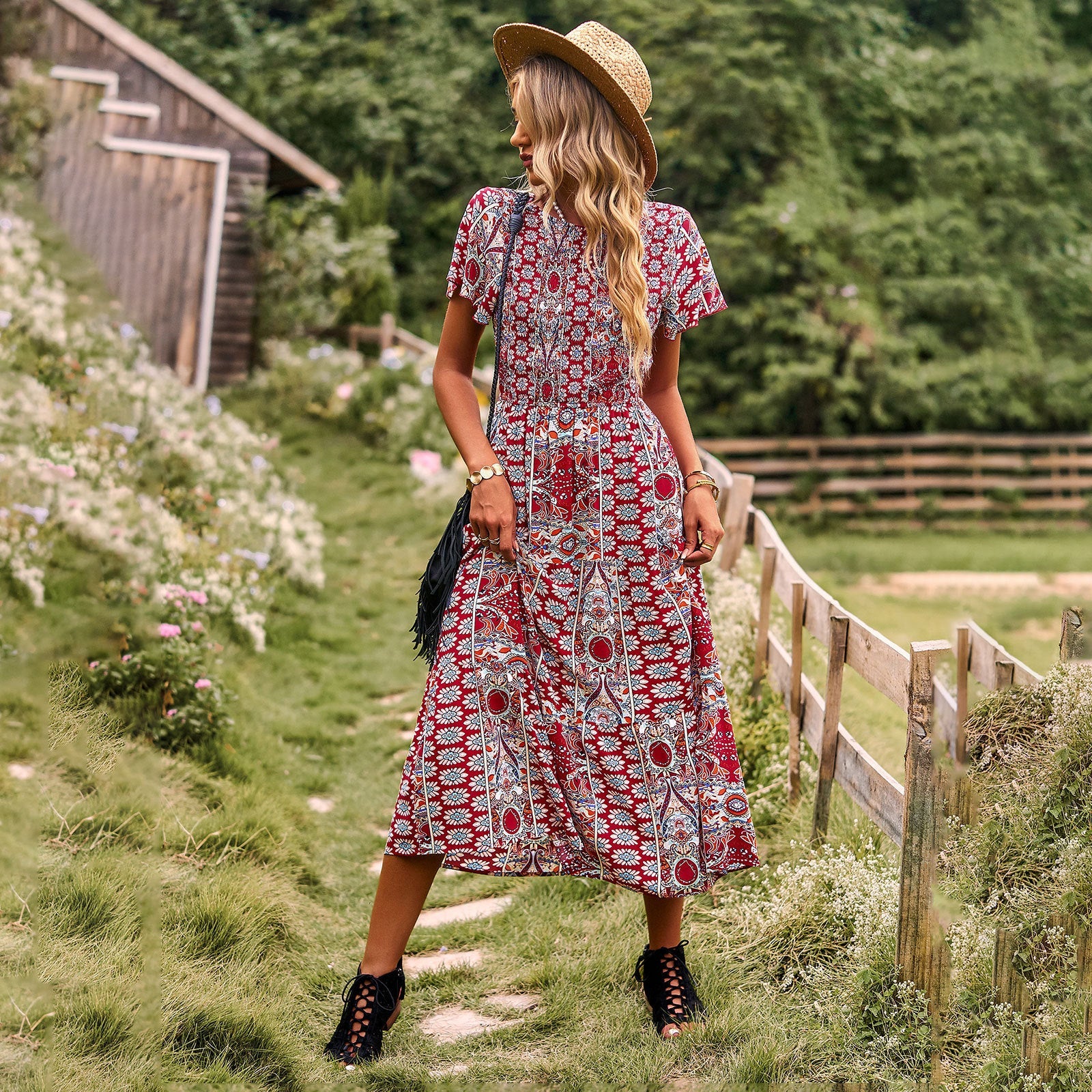Damen Maxikleid mit floralem Muster und elastischem Tailleneinsatz R&B