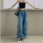 Damen weit geschnittene Cargo-Jeans mit mehreren Taschen und entspannter Passform