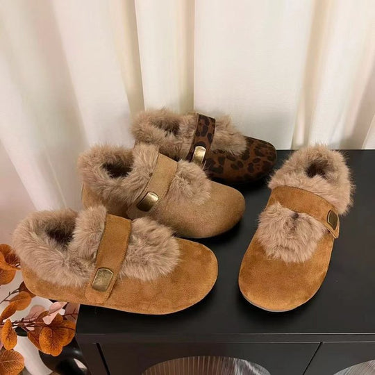Damen Flauschige Filzhausschuhe mit hochwertigem Kunstfellkragen R&B