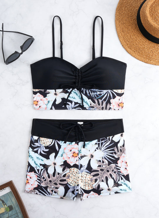 Damen Bikini-Set mit modischer Raffung und hoch taillierter Shorts R&B