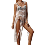 Damen Häkel-Strandüberwurfkleid im boho-chic Stil mit fransenbesetztem Saum und transparentem Design R&B