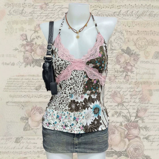 Damen Verspieltes Haltertop mit floralem und Leopardenmuster R&B