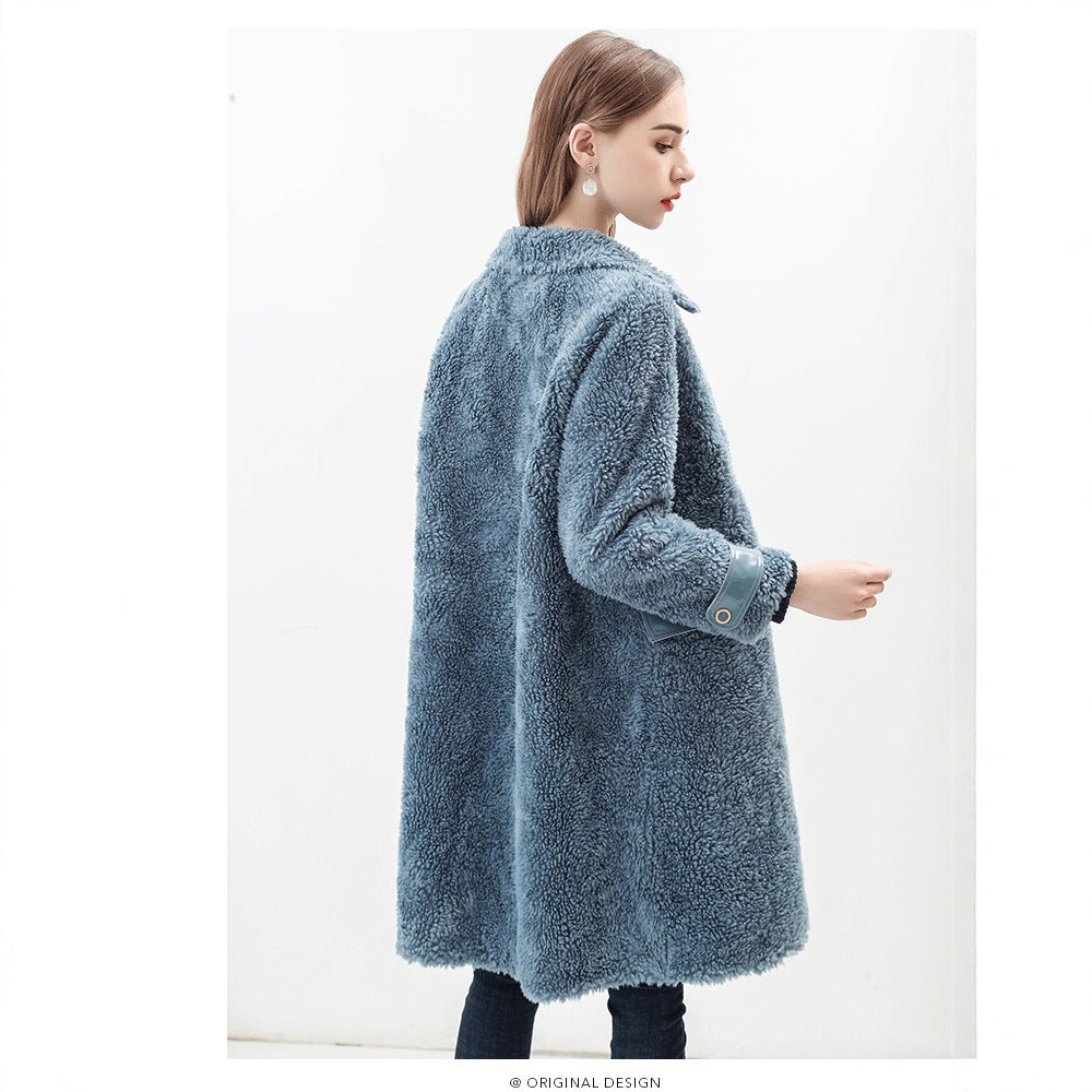 Damen Flauschiger Kunstfell-Mantel mit Taschen und klassischem Kragen R&B