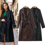 Damen Kunstleder Trenchcoat mit Taillengürtel und eleganter Taschennaht R&B