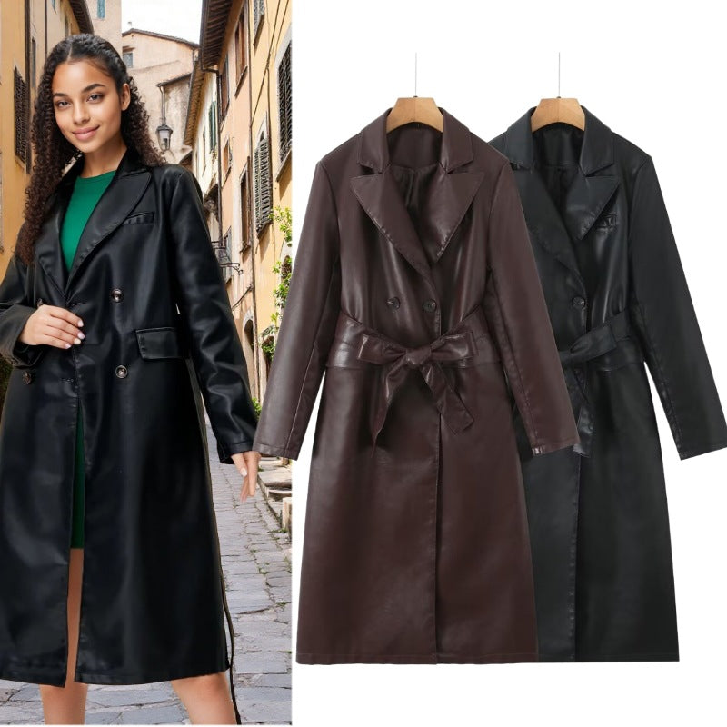 Damen Kunstleder Trenchcoat mit Taillengürtel und eleganter Taschennaht R&B