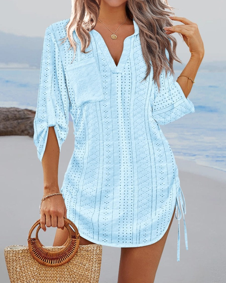 Damen lässiges Langarmshirt mit V-Ausschnitt und Seitenschlitzen R&B