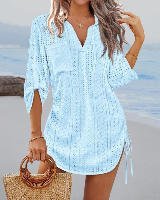 Damen lässiges Langarmshirt mit V-Ausschnitt und Seitenschlitzen R&B