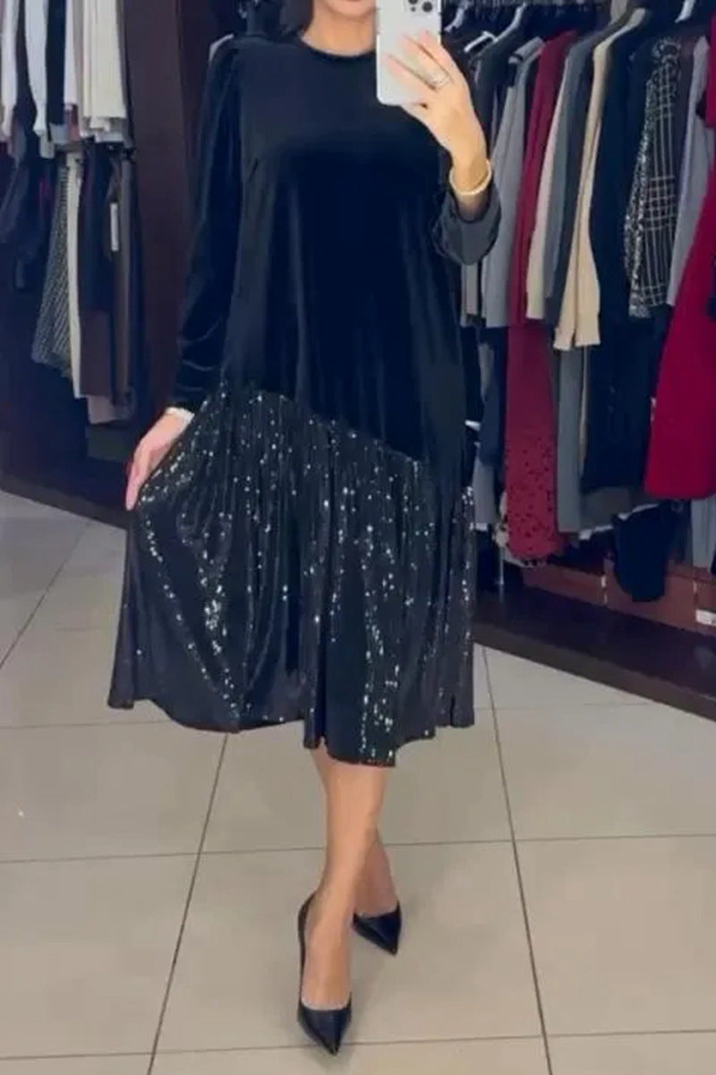 Damen nan Samt-Midikleid mit plissiertem Paillettenrock, lockerem A-Linien-Schnitt und Rundhalsausschnitt R&B