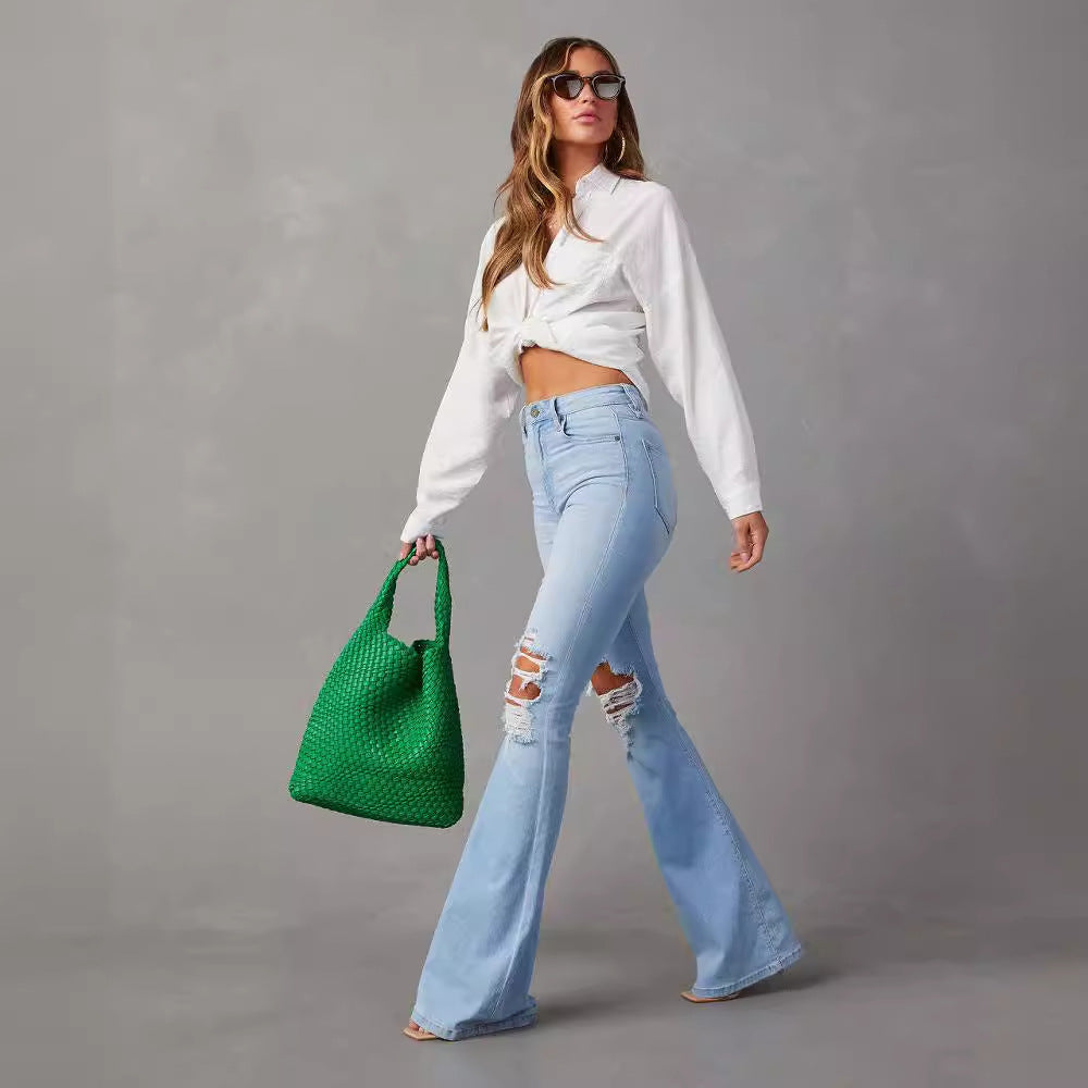 Damen Flared Jeans mit ausgefranstem Saum und verwaschenem Effekt R&B