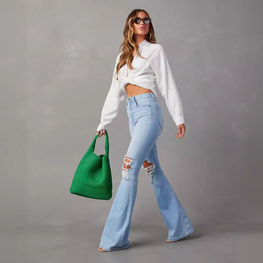 Damen Flared Jeans mit ausgefranstem Saum und verwaschenem Effekt R&B