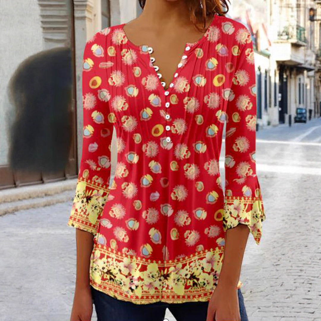 Damen nan leichte Boho-Bluse mit V-Ausschnitt, Zierfalten, Knopfleiste und dreiviertelärmeln R&B