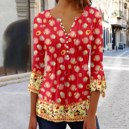 Damen nan leichte Boho-Bluse mit V-Ausschnitt, Zierfalten, Knopfleiste und dreiviertelärmeln R&B