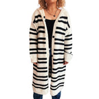 Damen gemütlicher Strickcardigan mit modischem Streifenmuster und Kapuze R&B