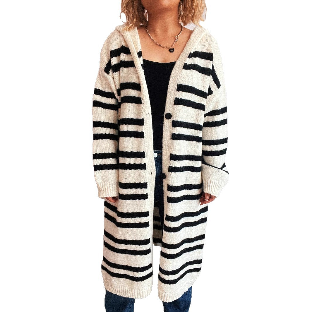 Damen gemütlicher Strickcardigan mit modischem Streifenmuster und Kapuze R&B