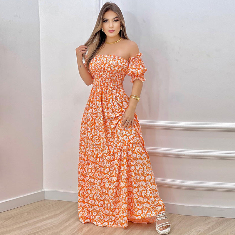 Damen Off-Shoulder Maxikleid mit voluminösen Puffärmeln und nostalgischer Raffung R&B