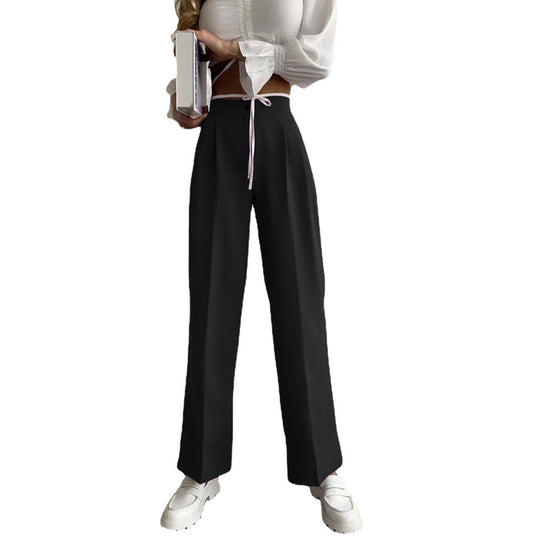 Damen weite klassische Hose mit hohem Bund und praktischen Bindegurten R&B