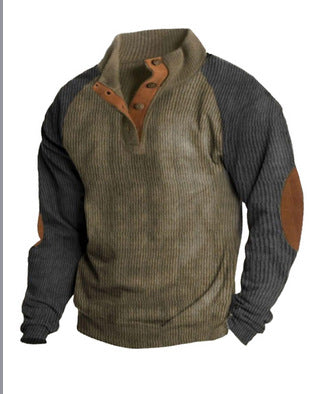 Herren nan zweifarbiger Ripptroyer mit asymmetrischer Knopfleiste und Velours-Ellbogenpatch R&B