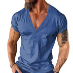 Herren Kurzarmshirt mit modernem V-Ausschnitt und Knopfleiste R&B
