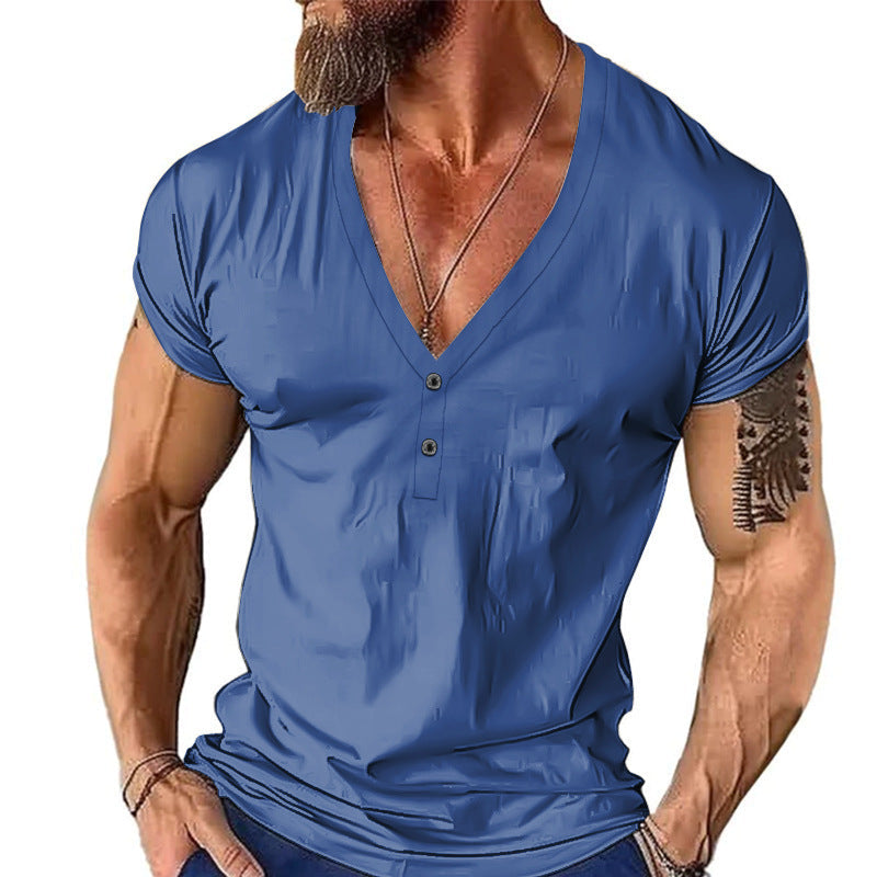 Herren Kurzarmshirt mit modernem V-Ausschnitt und Knopfleiste R&B