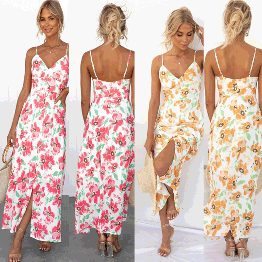 Damen Sommerliches Maxikleid mit elegantem V-Ausschnitt und Hohem Schlitz R&B