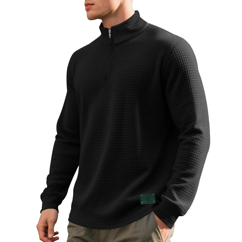 Herren nan leichter Waffelstrick-Pullover mit kurzem Kragenreißverschluss und gerundetem Saum R&B