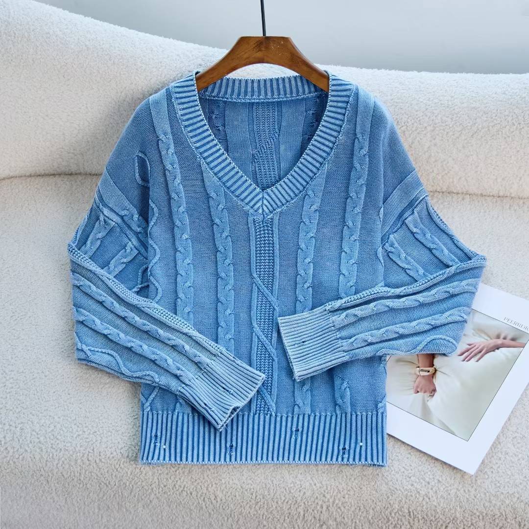 Damen Modischer Strickpullover mit V-Ausschnitt und Zopfmuster R&B