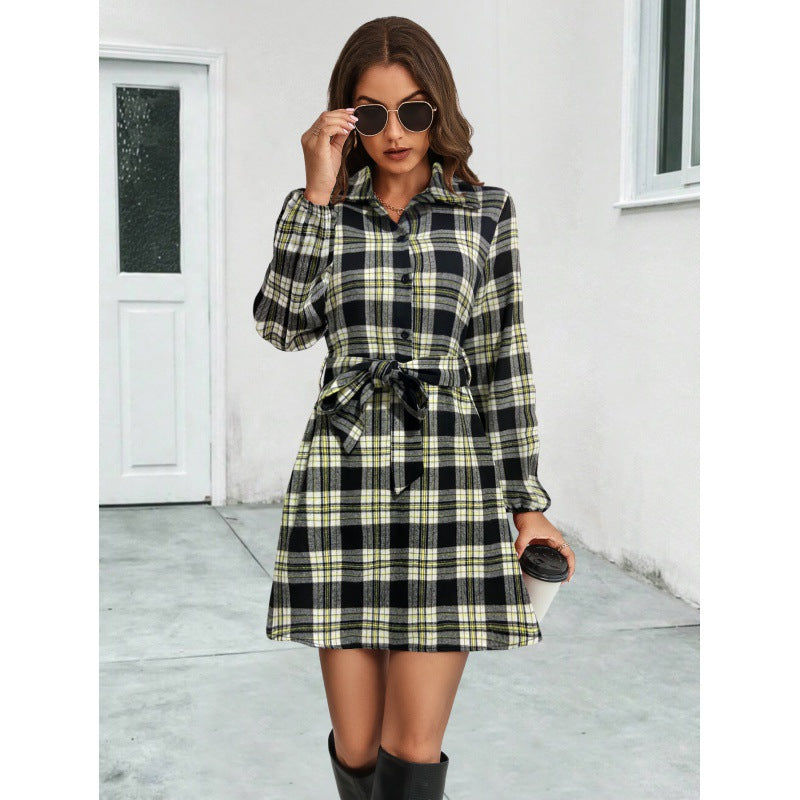 Damen Hemdblusenkleid mit karriertem Muster und Bindegürtel R&B
